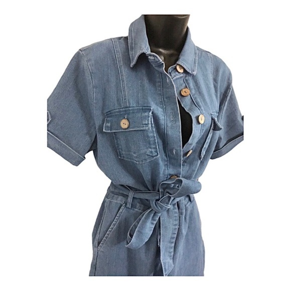 Haute Monde blue denim stretch belted button front safari style jumpsuit size XL - Picture 7 of 10